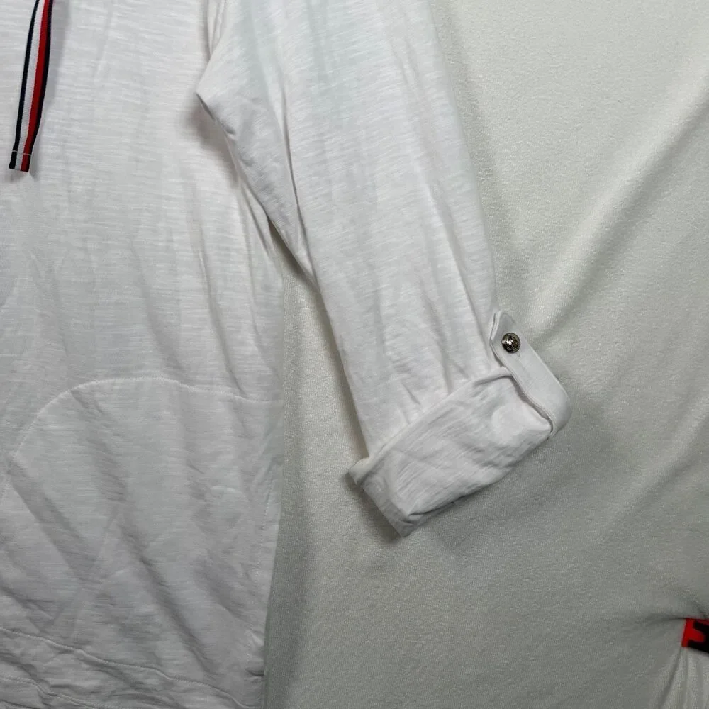 Tommy Hilfiger White Hooded Top Women’s Large Roll Tab Sleeve Cotton Pullover